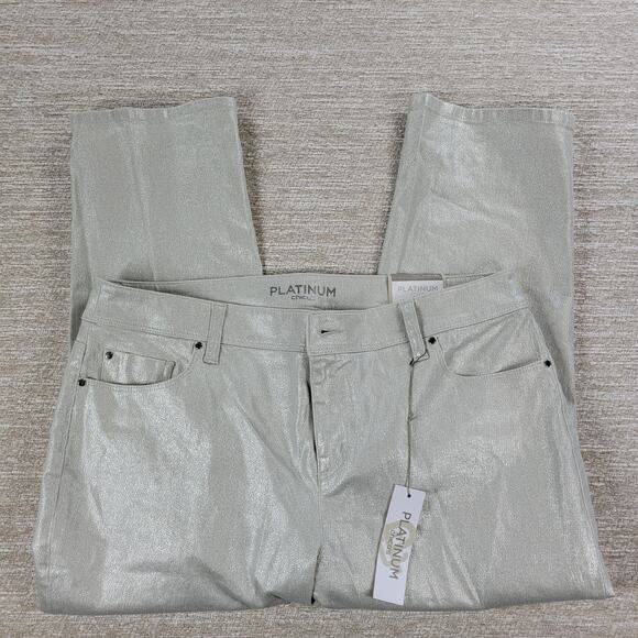Chicos Platinum Girlfriend Coated Jeans Womens 10/M Silver Metallic Glitter New - Picture 3 of 10